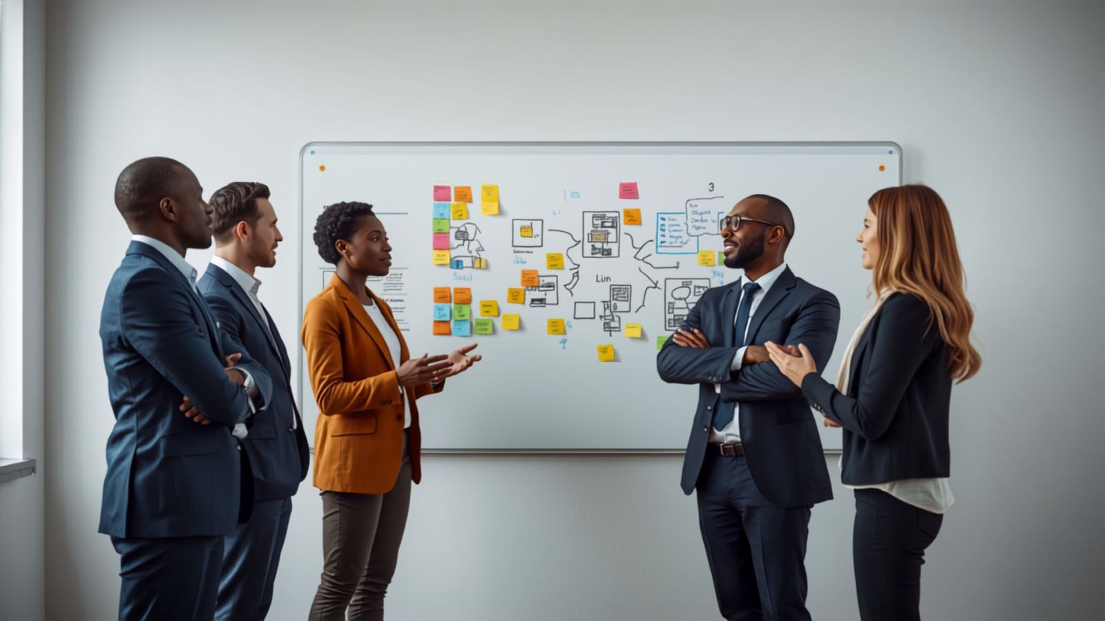 Atelier de cadrage stratégique autour d'un tableau couvert de post-it et de schémas
