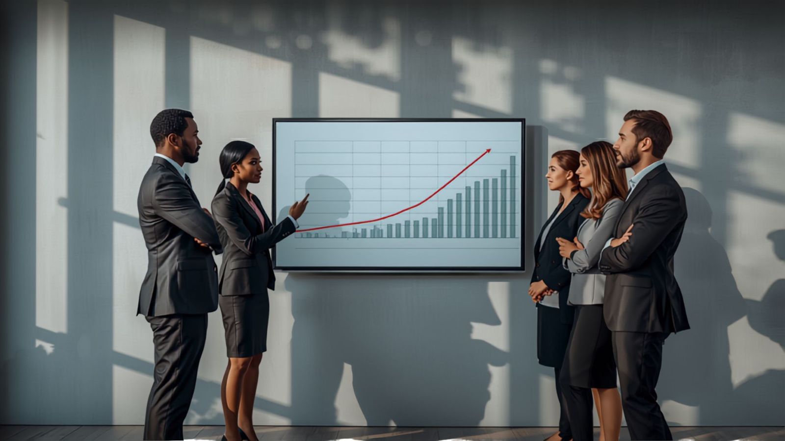 Équipe commerciale et marketing en revue de performance devant un écran de courbes de croissance